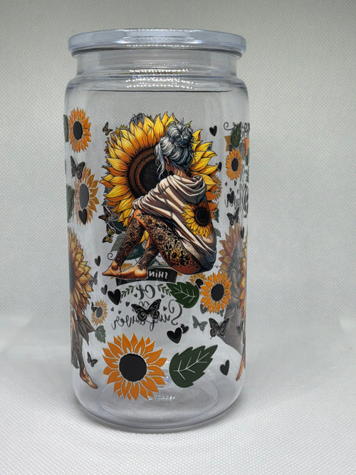Cozy Petal 16 oz Acrylic Cup – Boho Tattooed Girl with Sunflowers